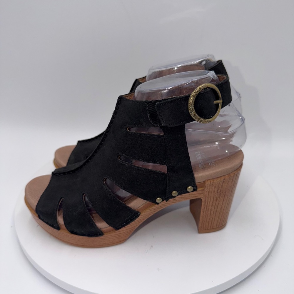 Dansko Demetra Black Leather Cutout Platform Sandals Wood Block Heel Women 6-6.5
